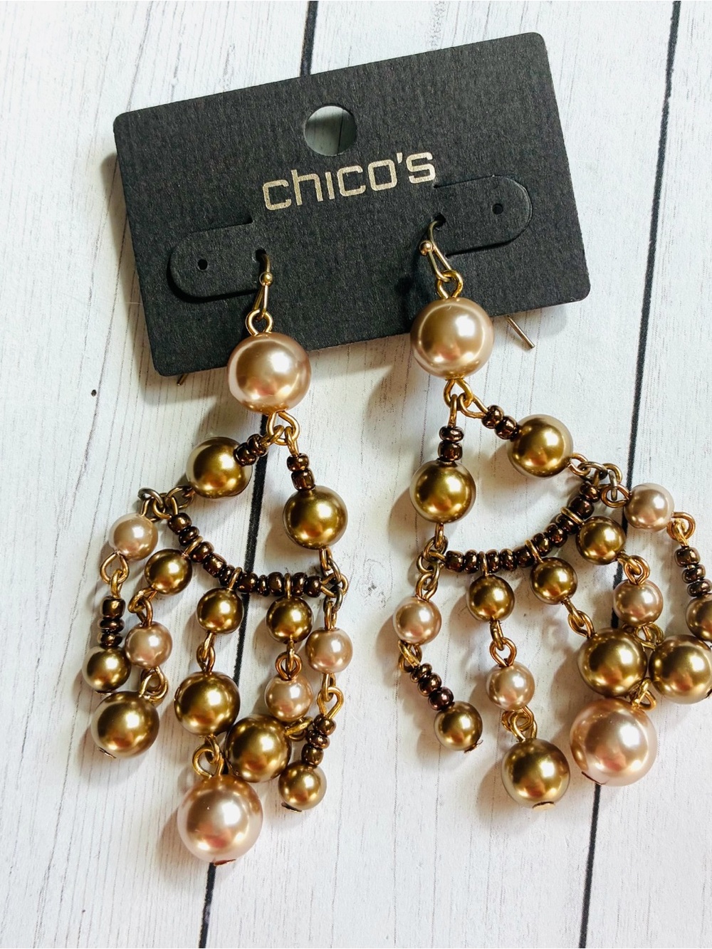 New NWT Chico's Gold and Champagne Pearl Beaded Cascade Chandelier Earrings